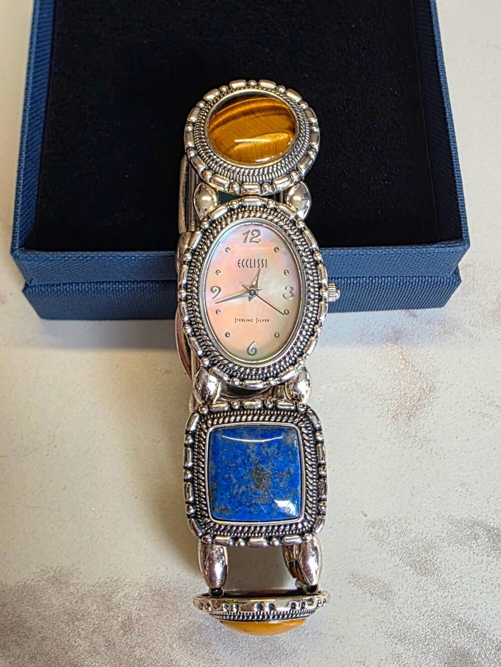 Ecclissi Stone Accent Silver-Tone Bracelet Watch with Blue and Brown Stones